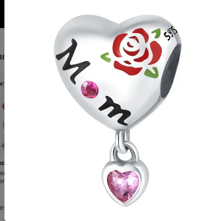 Mom Rose Love Heart Charm Beads