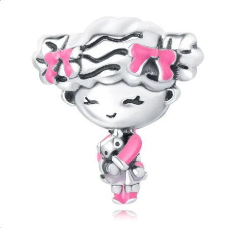 Little Girl Hugging Teddy Bear Charm Bead