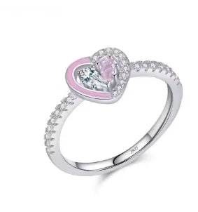 Pink Enamel Two Tone Zircon Love Heart Ring