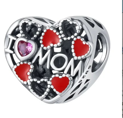 Red Enamel Mom Love Heart Charm Bead