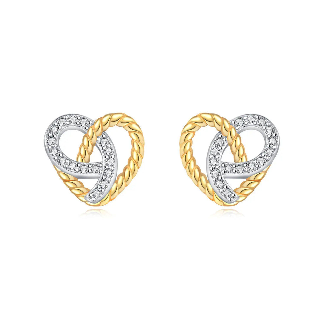 Two Color Braided Love Heart Twisted Zirconia Cz Earrings