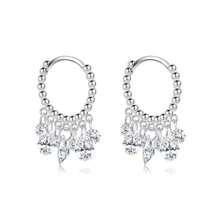 Shiny Clear CZ Tassel Pendant Hoop Earrings