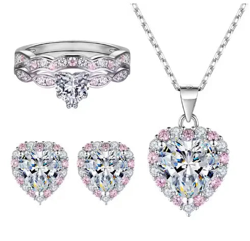 Pink Zircon Stacking Ring Heart Zircon Earrings Necklace 3pcs Set