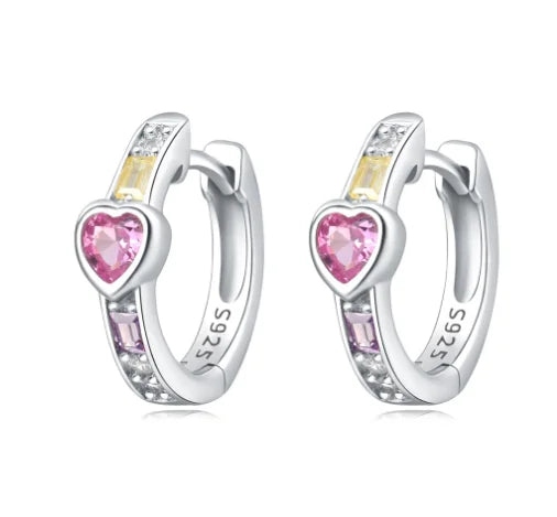 Colored Zirconia Heart Shaped Hoop Earrings