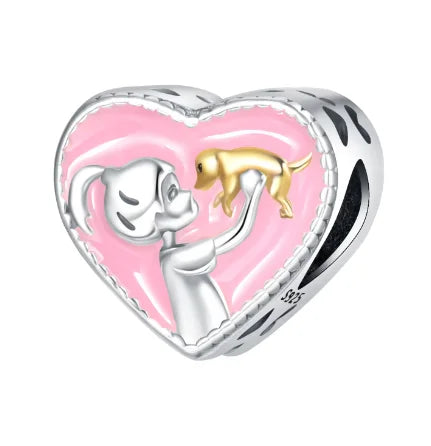 Pink Enamel Girl Loves Pet Puppy Dog Heart Shaped Beads
