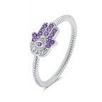Sterling Silver Hamsa Hand Ring with Purple Zirconia