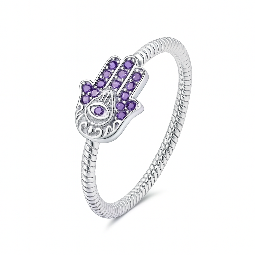Sterling Silver Hamsa Hand Ring with Purple Zirconia