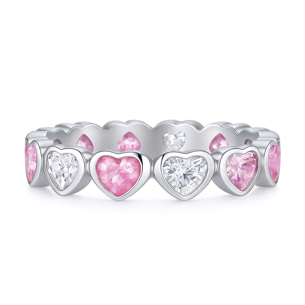 Clear and Pink Heart Zirconia Band in Sterling Silver