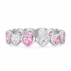 Clear and Pink Heart Zirconia Band in Sterling Silver