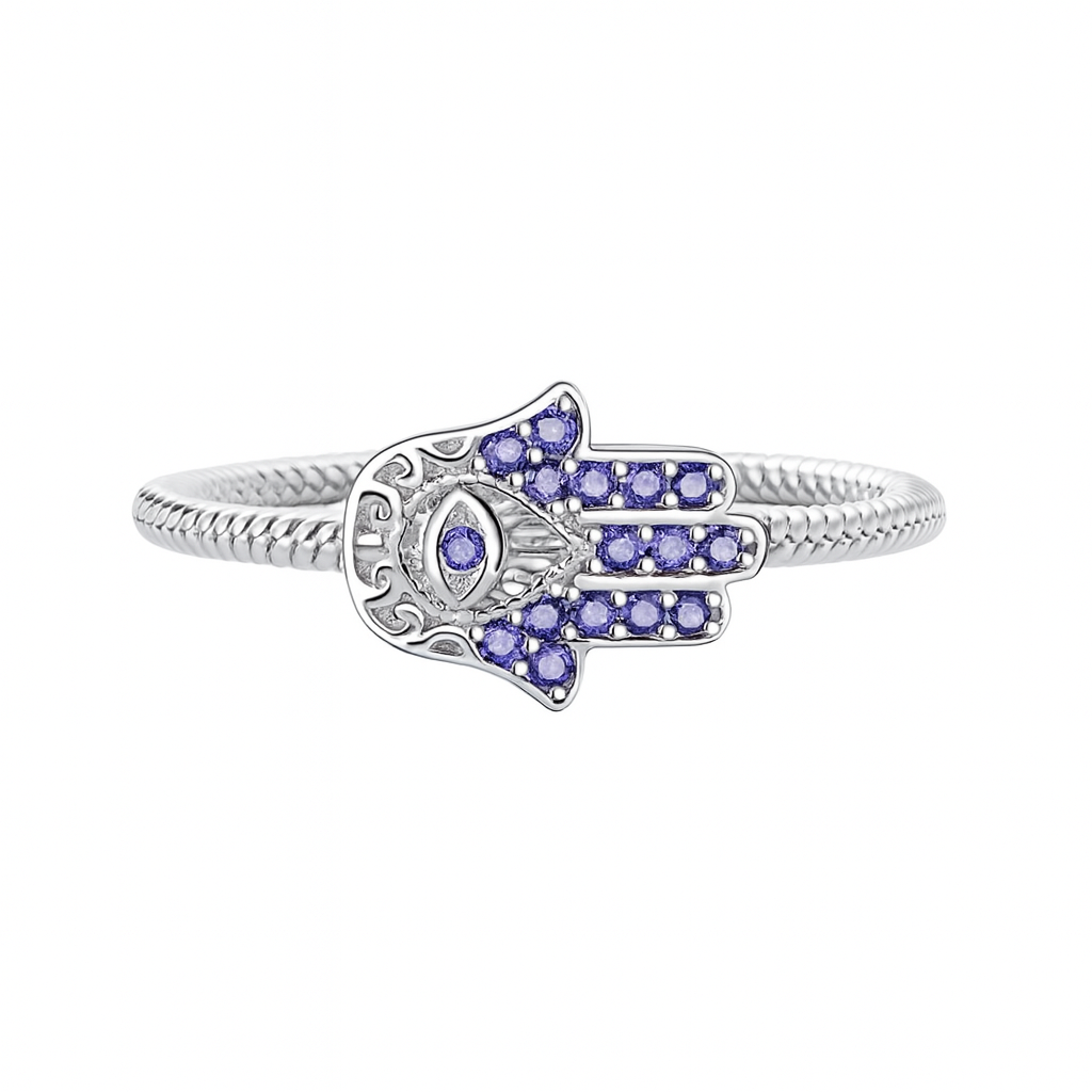 Sterling Silver Hamsa Hand Ring with Purple Zirconia
