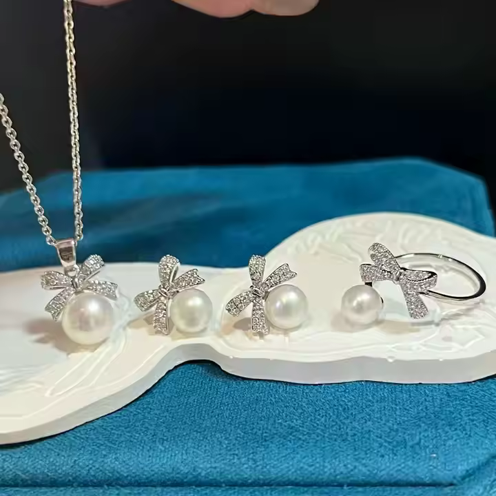 Lovely Bows Natural Freshwater Pearl Necklace Earrings Ring Set