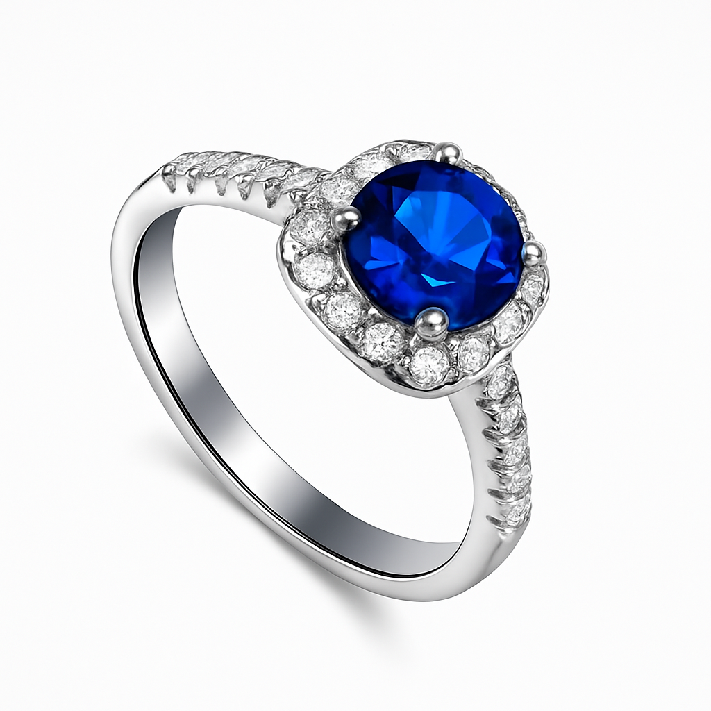 Blue Zirconia Halo Ring in Sterling Silver