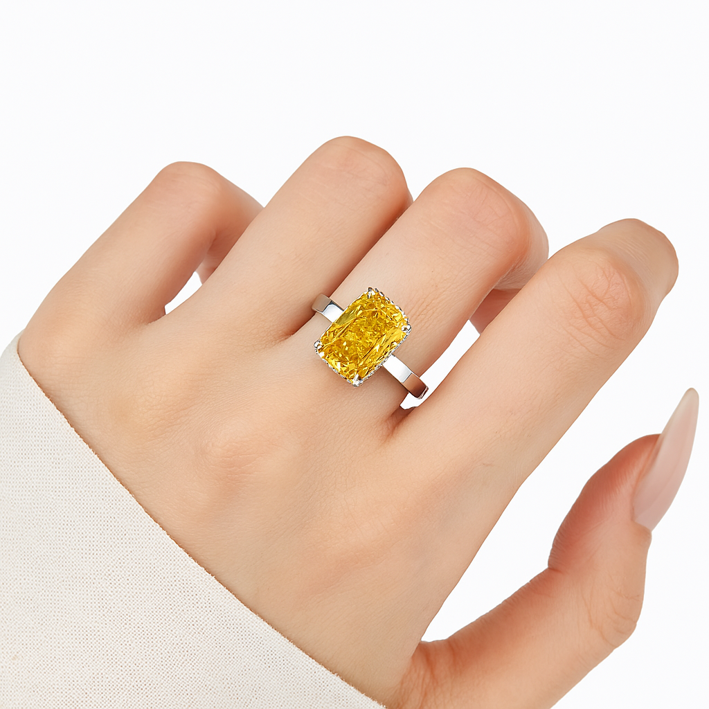 Radiant Yellow Rectangular Zirconia Ring in Sterling Silver