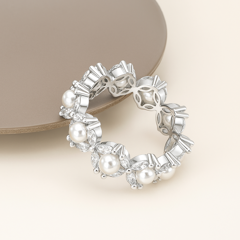 Sterling Silver Pearl and Zirconia Eternity Band