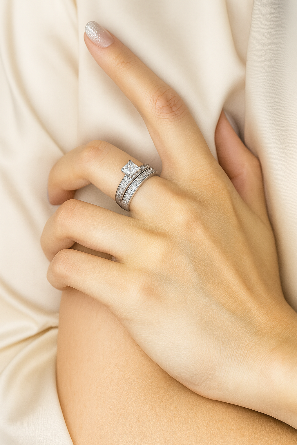 Two-Piece Princess Cut Zirconia Ring Set in Sterling Silver