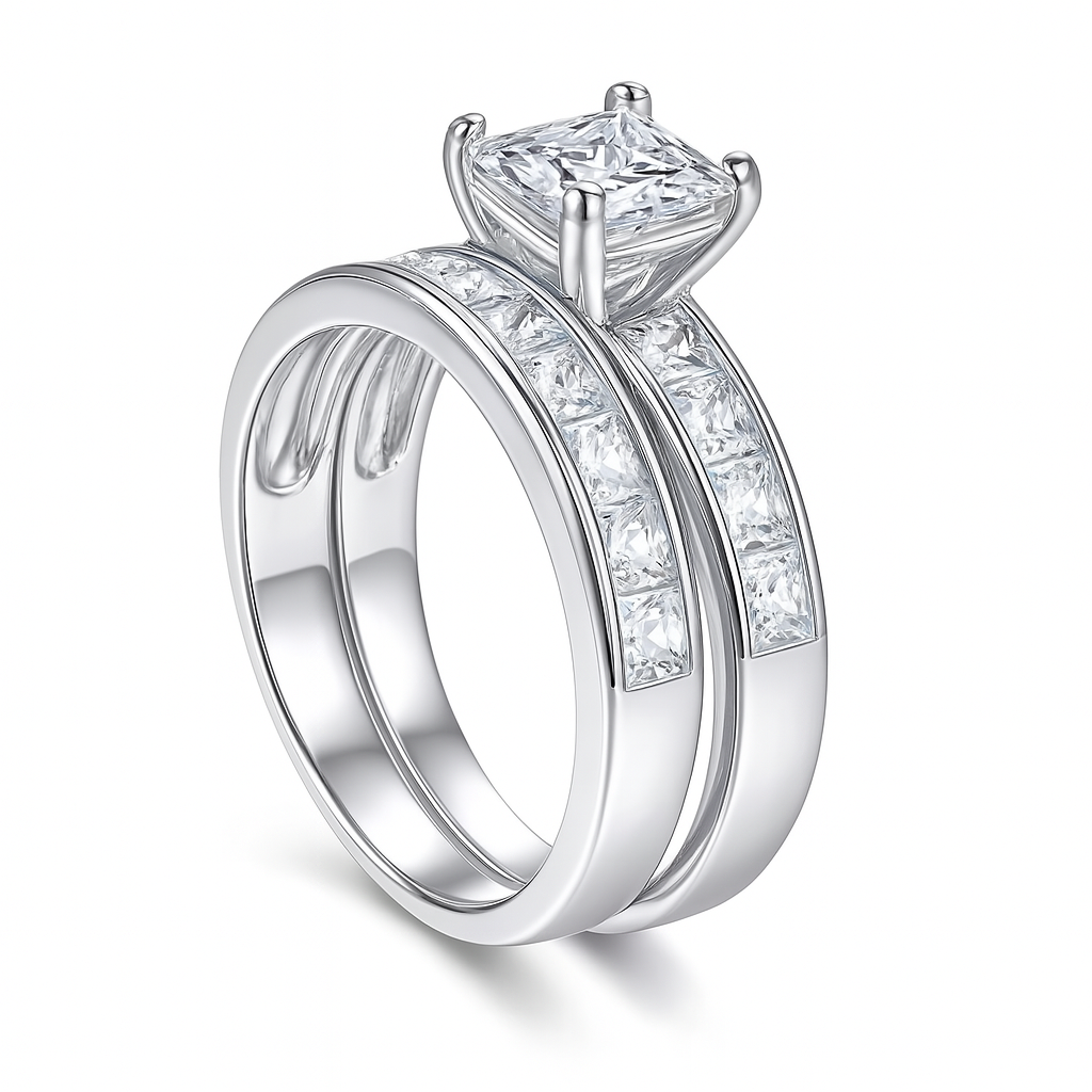 Two-Piece Princess Cut Zirconia Ring Set in Sterling Silver