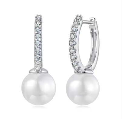 Pendientes de aro de moissanita de alta calidad con perlas de concha de moda, plata de ley 925, joyería de lujo.