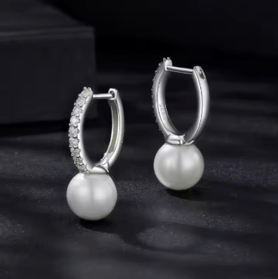 Pendientes de aro de moissanita de alta calidad con perlas de concha de moda, plata de ley 925, joyería de lujo.