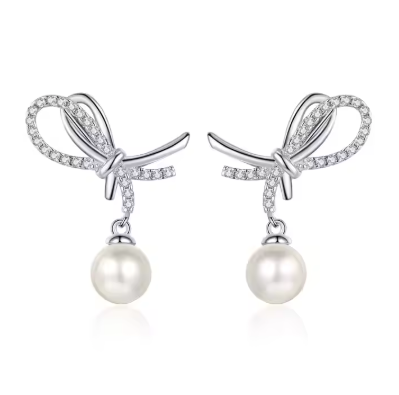 Vintage Design Custom Bow Freshwater Pearl Earrings Moissanite Diamond 925 Sterling Silver Earrings Women Stud Earrings