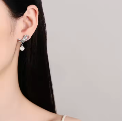 Vintage Design Custom Bow Freshwater Pearl Earrings Moissanite Diamond 925 Sterling Silver Earrings Women Stud Earrings