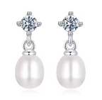 Pendientes de plata de ley 925 con perla de agua dulce bañada en oro blanco y moissanita para mujer.