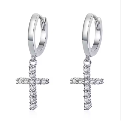 Pendientes colgantes de moissanita de grado D con diamantes en plata de ley 925 y cruz de moissanita de 0,18 ct.