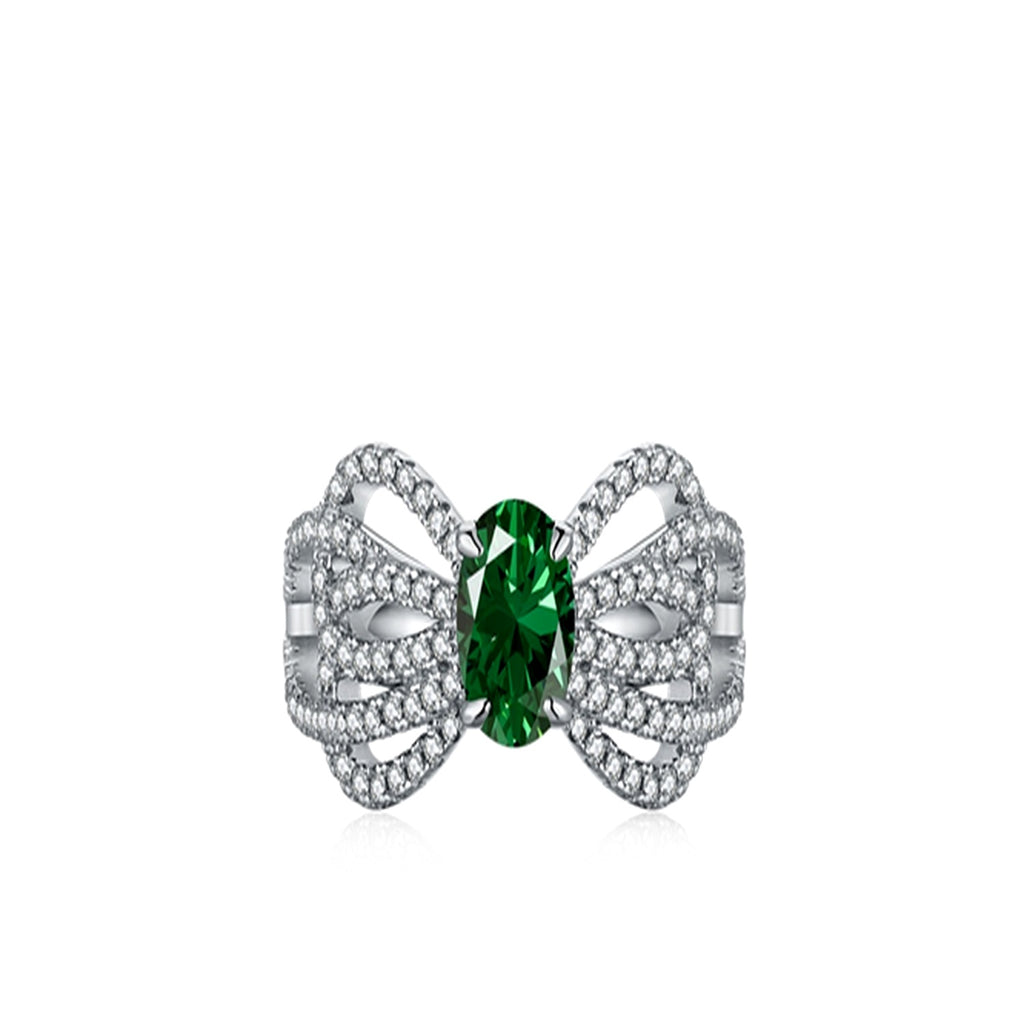 Zirconia Bow Ring with Green or Clear Stones in Sterling Silver
