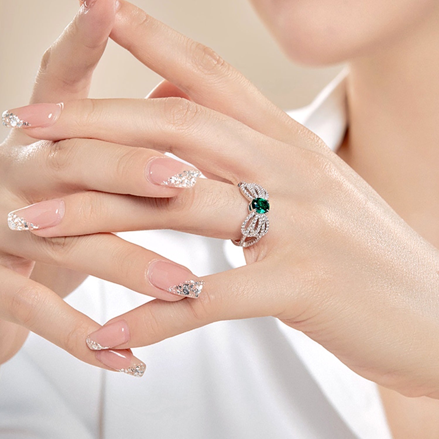 Zirconia Bow Ring with Green or Clear Stones in Sterling Silver