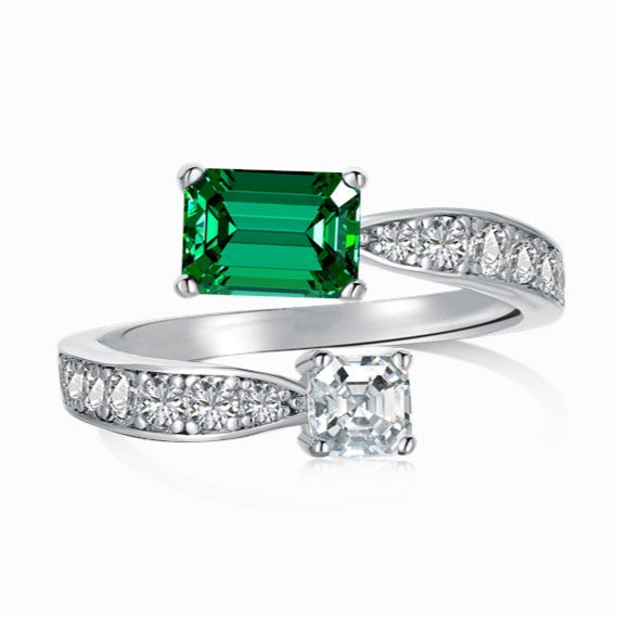 Rectangular And Circle Cut Gems Curving Silver Ring