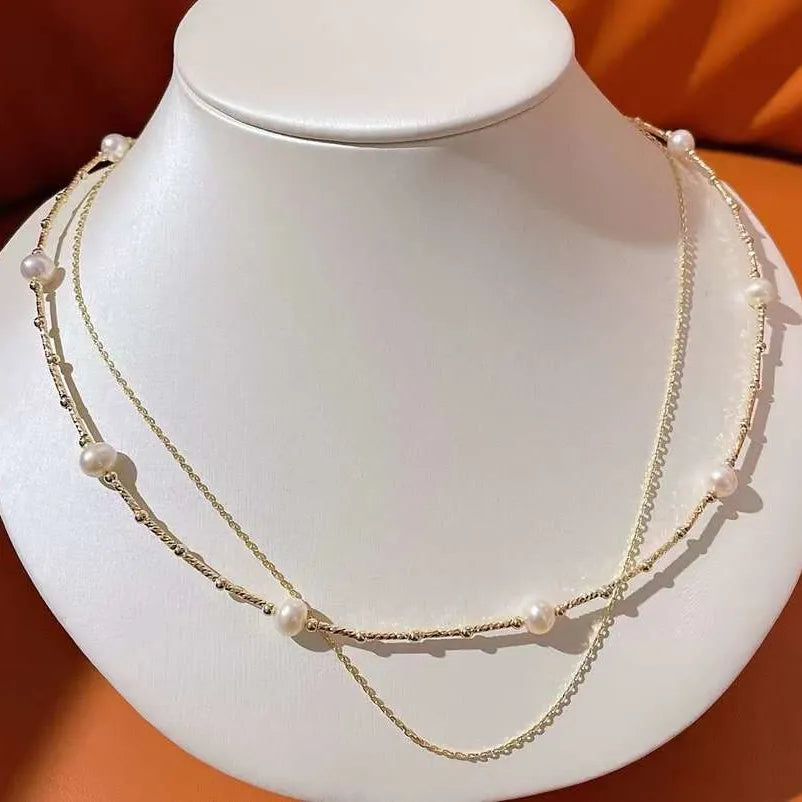 Collar de perlas de agua dulce de doble capa para mujer