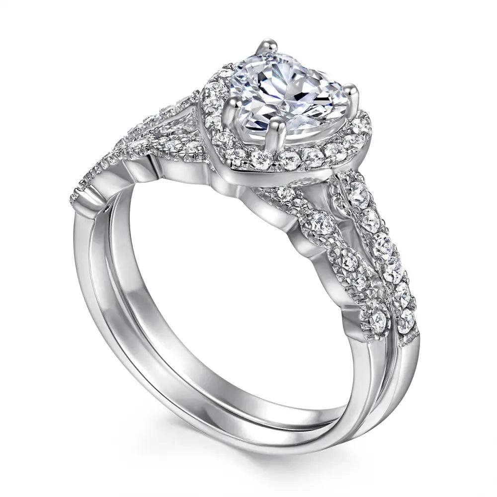 Heart Halo Silver Engagement Wedding Ring