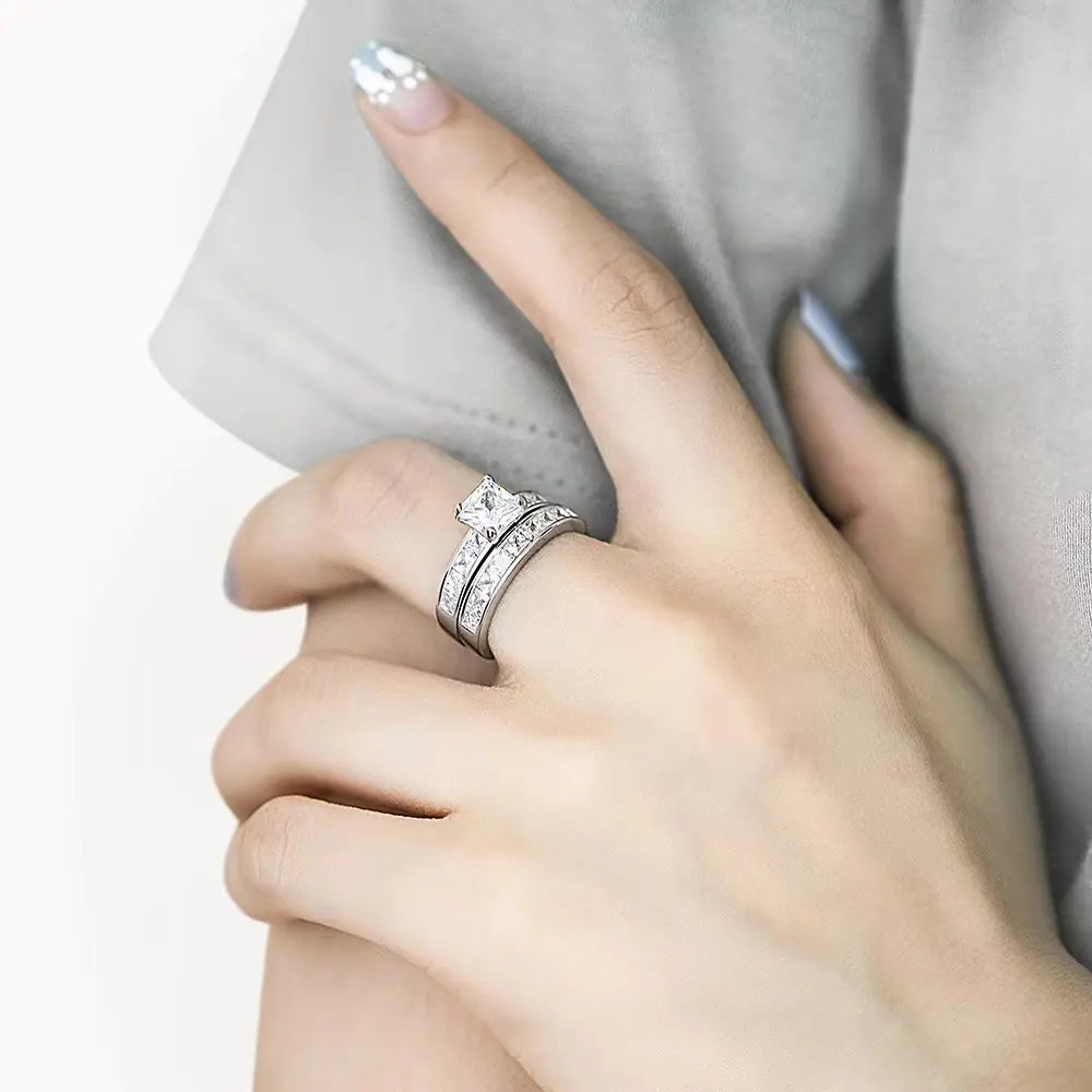Square Inset Wedding Ring Set
