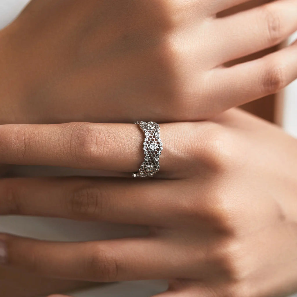 Sterling Silver Honeycomb Lace Zirconia Ring