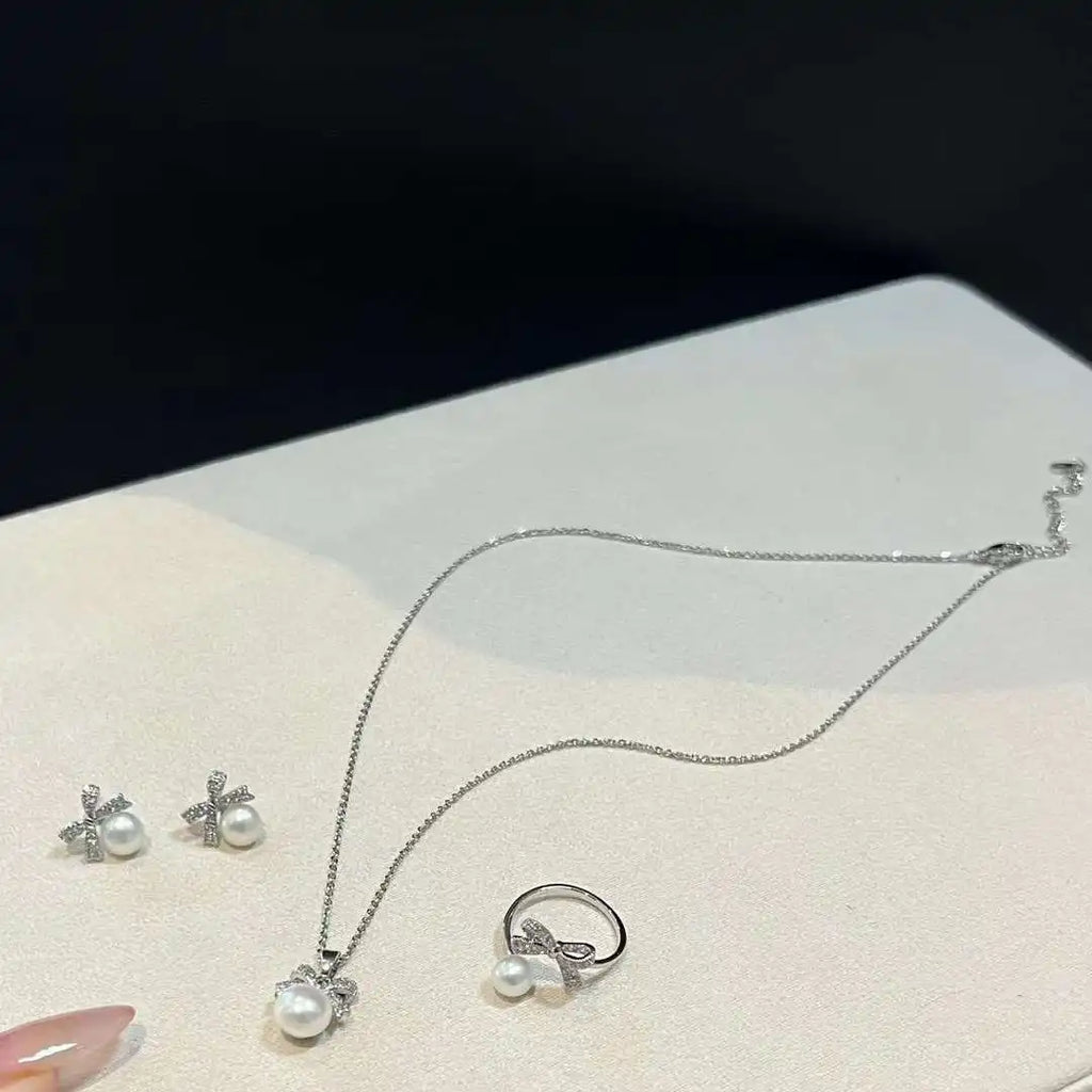Lovely Bows Natural Freshwater Pearl Necklace Earrings Ring Set
