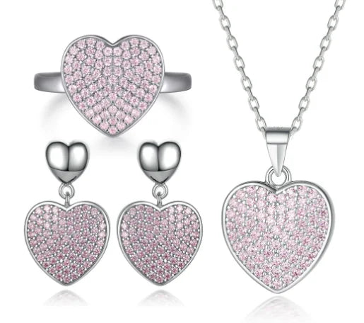 Conjunto de joyas con corazón de circonita rosa