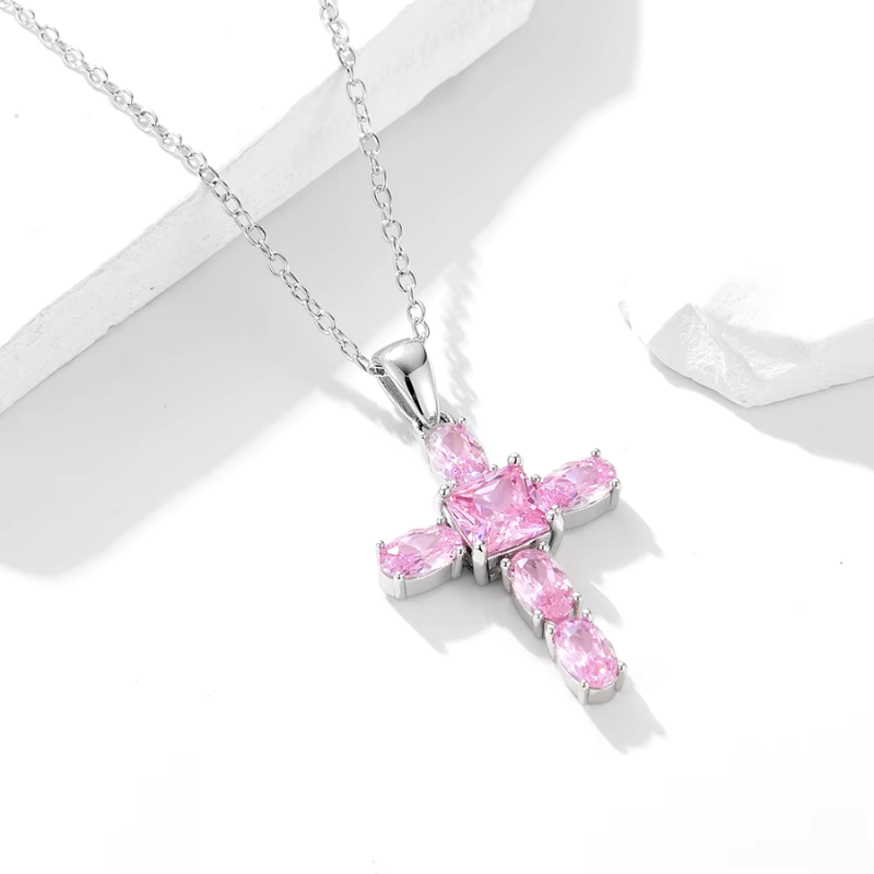 Pink Cross Silver Necklace