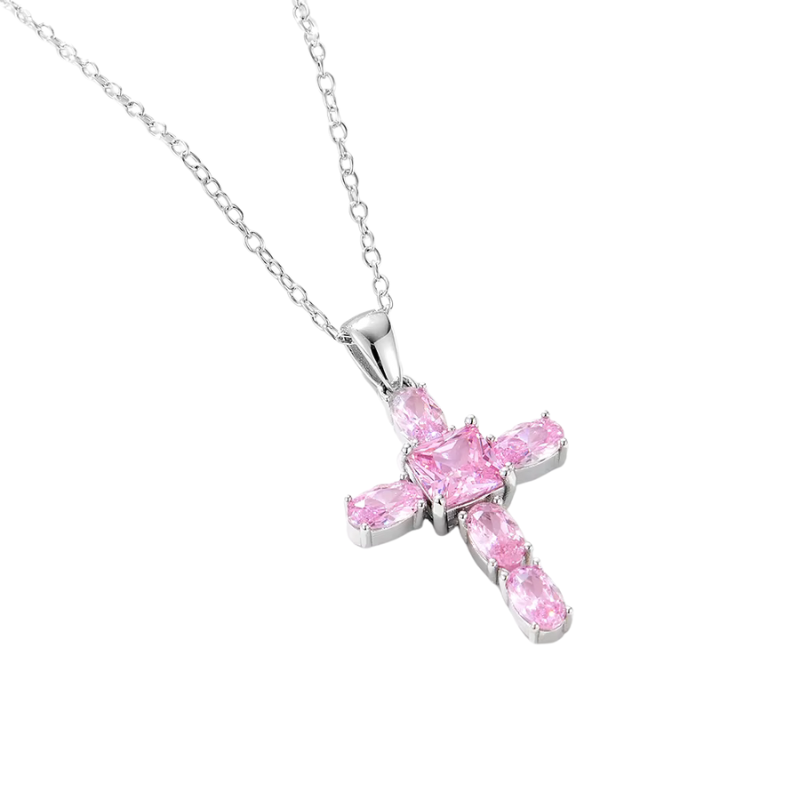 Pink Stone Cross Pendant Necklace