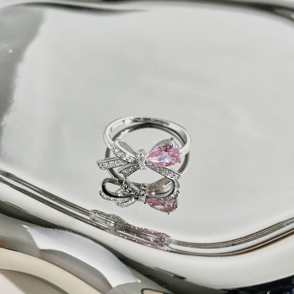 Pink Gem Bow Silver Ring