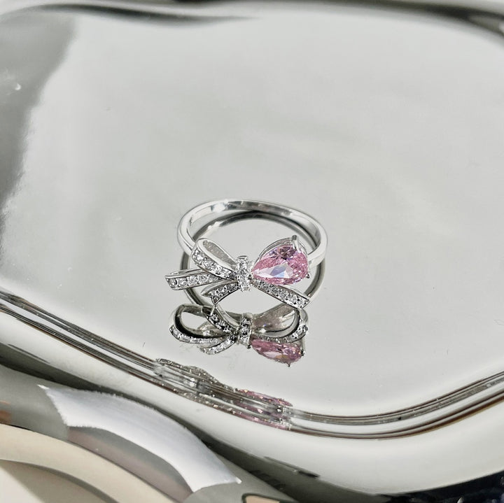 Pink Gem Bow Silver Ring