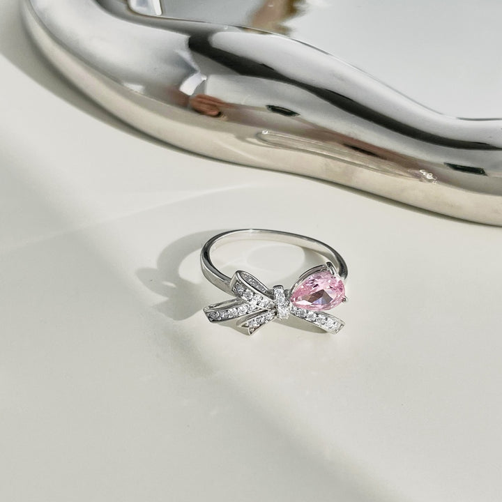Pink Gem Bow Silver Ring