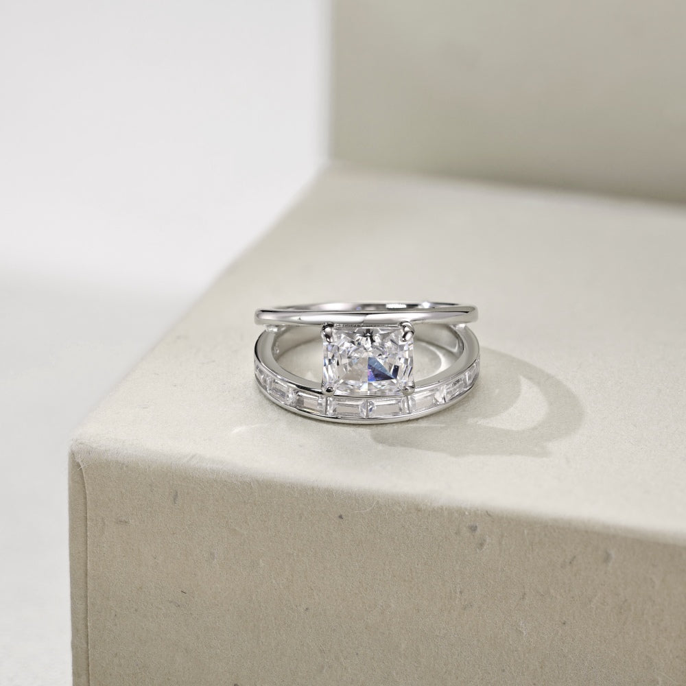 Framed Rectangular Cut Gem Silver Ring
