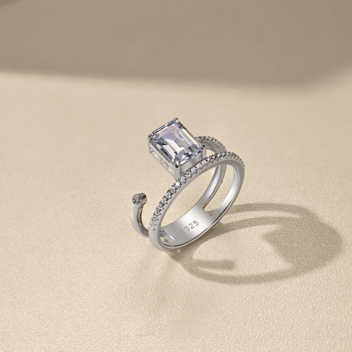 Rectangular Cut Stone Silver Spiral Ring