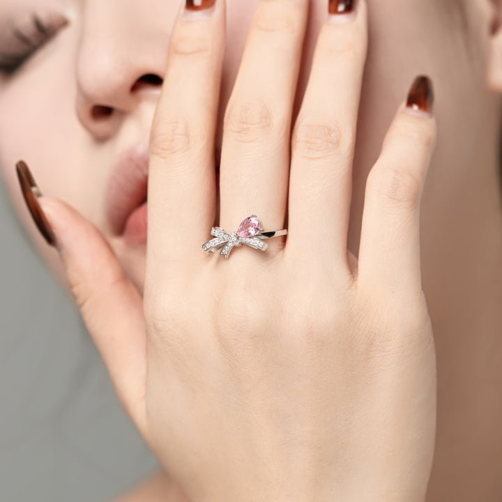 Pink Gem Bow Silver Ring