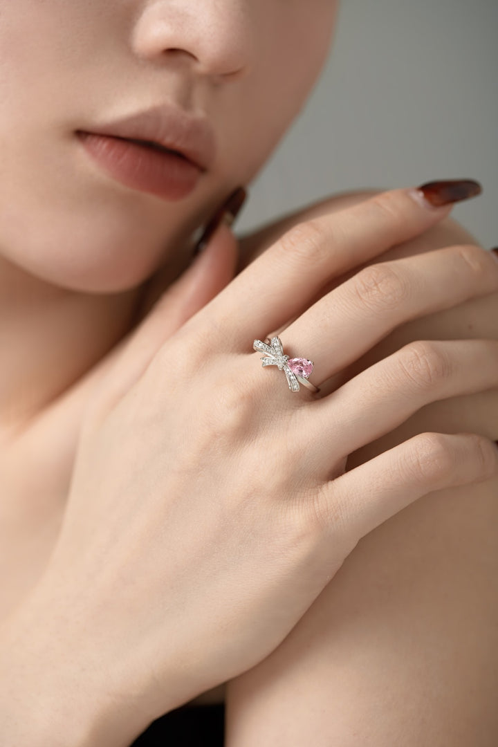 Pink Gem Bow Silver Ring
