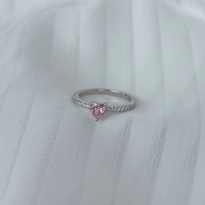 Small Pink Heart Gem Silver Ring