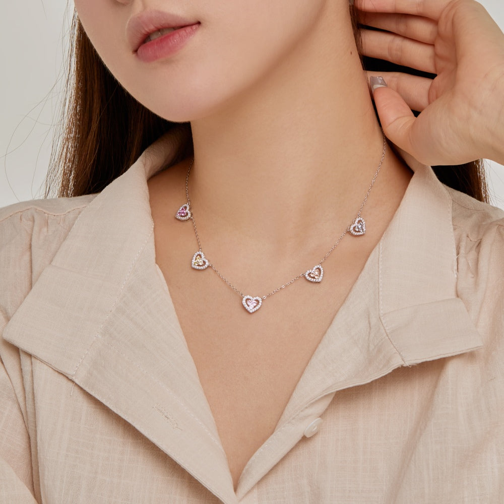 Multi-colored Hearts Silver Necklace