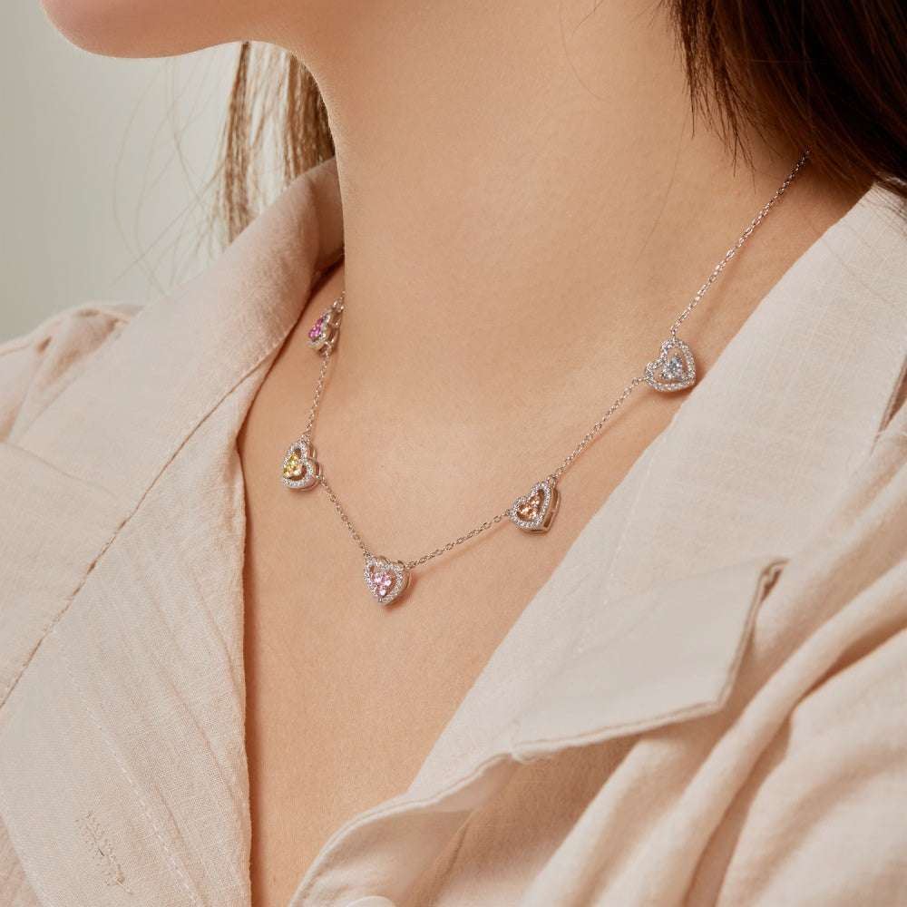Multi-colored Hearts Silver Necklace