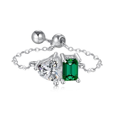Heart & Emerald Cut Gems Chain Ring
