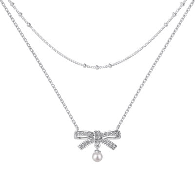 Bow & Pearl Wrapping Silver Necklace