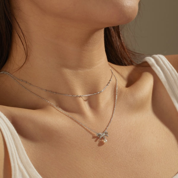 Bow & Pearl Wrapping Silver Necklace